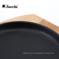 High quality Steak plate with wood base round skillet grddle pan Cast iron steak sizzling plate